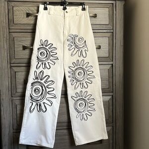Tutantu White Denim Embroidered Wide Leg Pants